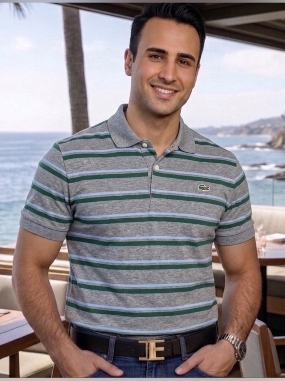 Lacoste Green and Gray Striped Polo Shirt